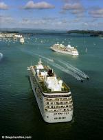 ID 1749 THE WORLD (2002/43188grt/IMO 9219331), SILVER WHISPER (2001/28258grt/IMO 9192179), centre, and EUROPA (1999/28437grt/IMO 9183855) in distance, in Auckland, New Zealand for the 2003 Americas Cup...